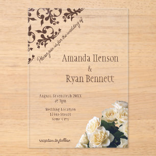 Invitaciones Acrílicas Elegante Rosa Amarilla Boda con Patrón Roccoco