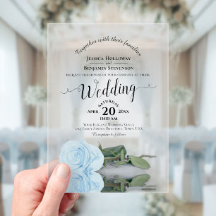 Invitaciones Acrílicas Elegante Rosa Azul Pálido Caligrafía Lacy Boda