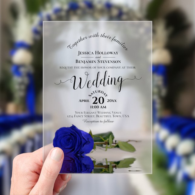 Invitaciones Acrílicas Elegante Rosa Azul Real Lacia Caligrafía Boda (Frosted with Rectangle Cut)
