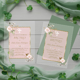 Invitaciones Acrílicas Elegante Rosa Beige Con Flores Doradas Bautizo