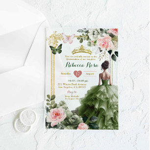 Invitaciones Acrílicas Elegante Rosa Beige Verde Salvia Quinceañera
