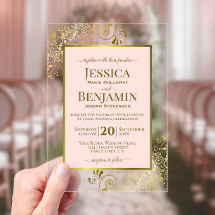 Invitaciones Acrílicas Elegante Rosa Beige y Dorado Texto Estiloso Boda