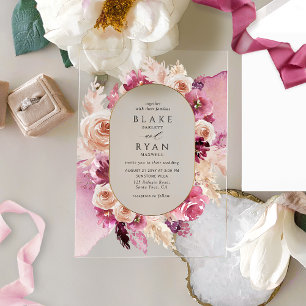 Invitaciones Acrílicas Elegante rosa, borgoña, Boda floral de champán