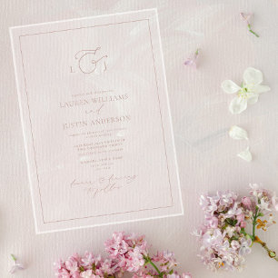 Invitaciones Acrílicas Elegante Rosa  Caligrafía Monograma Boda