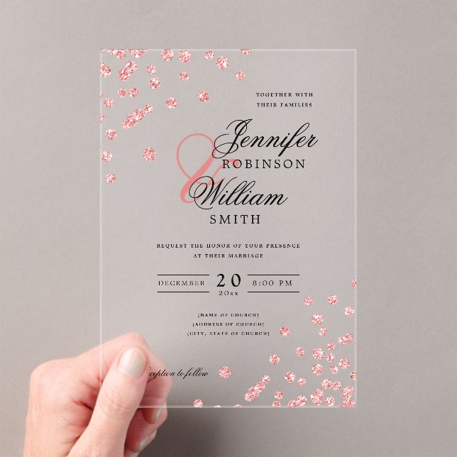 Invitaciones Acrílicas Elegante Rosa de Boda Purpurina de oro Confetti te (Insitu (portátil))