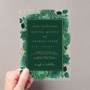Invitaciones Acrílicas Elegante Rosa Dorada Esmeralda Claro Boda