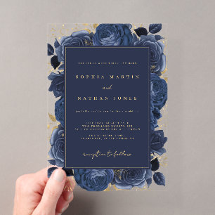 Invitaciones Acrílicas Elegante Rosa Dorada Navy Claro Bodas