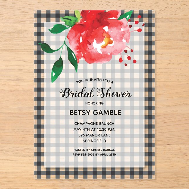 Invitaciones Acrílicas Elegante Rosa en Gingham Bridal Shower (Anverso)