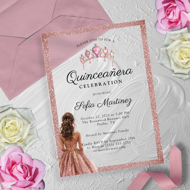 Invitaciones Acrílicas Elegante Rosa Gold Quinceañera Princess tiara (Subido por el creador)