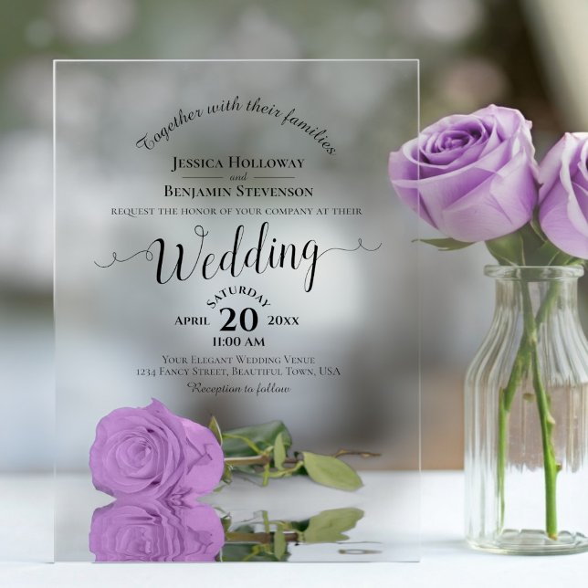 Invitaciones Acrílicas Elegante Rosa Lilac Purple  Lacy Calligraphy Boda (Clear Acrylic with Rectangle Cut)