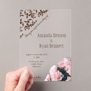 Invitaciones Acrílicas Elegante Rosa Patrn Roccoco Boda