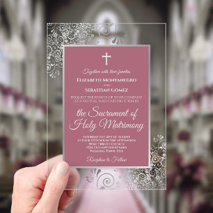 Invitaciones Acrílicas Elegante Rosa Polvoriento Ornado Plata Boda Católi