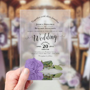 Invitaciones Acrílicas Elegante Rosa Púrpura Lavanda Caligrafía Boda