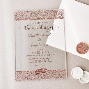 Invitaciones Acrílicas Elegante Rosa Purpurina de oro Damask Wedding