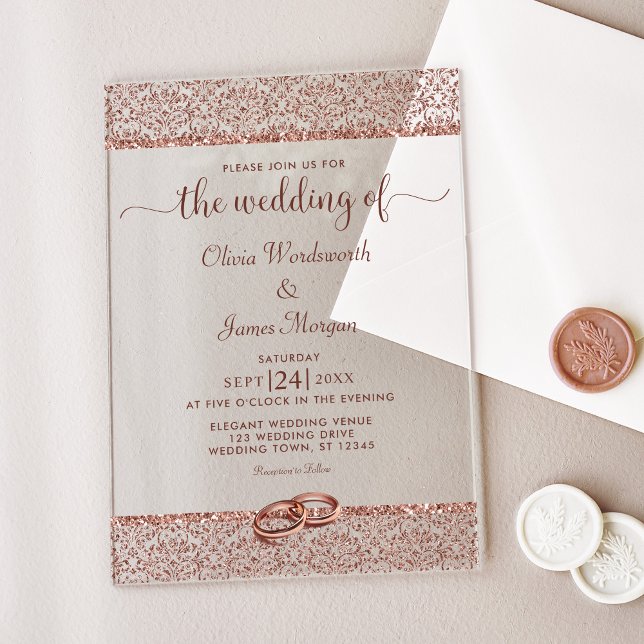 Invitaciones Acrílicas Elegante Rosa Purpurina de oro Damask Wedding (Subido por el creador)