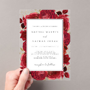 Invitaciones Acrílicas Elegante Rosa Roja y Dorada Claro de Boda