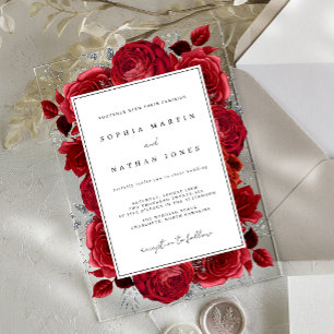 Invitaciones Acrílicas Elegante Rosa Roja y Plateada Claro Boda
