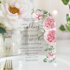 Invitaciones Acrílicas Elegante Rosa Suave Floral Verde Bodas