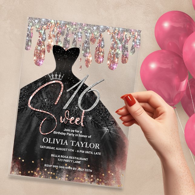 Invitaciones Acrílicas Elegante rosa vestido negro dorado dulce 16 monogr (Subido por el creador)