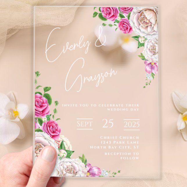 Invitaciones Acrílicas Elegante Rosa victoriano Boda floral (Subido por el creador)