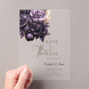 Invitaciones Acrílicas Elegante Rosas Púrpura Oscuro Salvan La Fecha