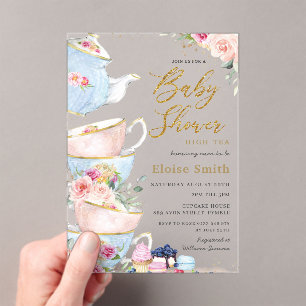 Invitaciones Acrílicas Elegante Rubor Floral High Tea Fiesta Baby Shower