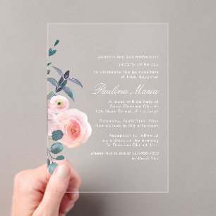 Invitaciones Acrílicas Elegante Rubor Floral Rosa Quinceañera