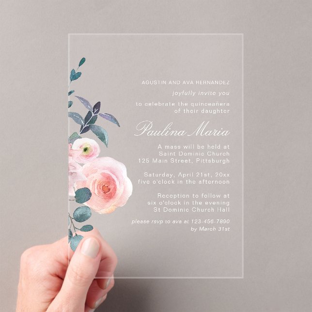 Invitaciones Acrílicas Elegante Rubor Floral Rosa Quinceañera (Insitu (portátil))