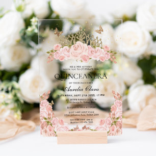 Invitaciones Acrílicas Elegante Rubor Floral rosa Tíara Quinceanera