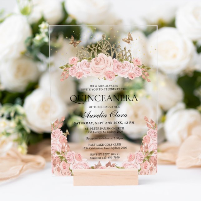 Invitaciones Acrílicas Elegante Rubor Floral rosa Tíara Quinceanera (Subido por el creador)