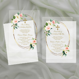 Invitaciones Acrílicas Elegante Rubor Flores Oro Primera Santa Comunión