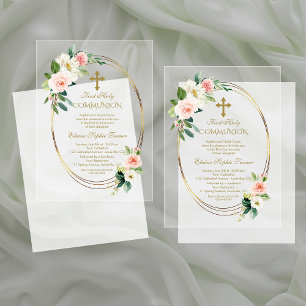 Invitaciones Acrílicas Elegante Rubor Flores Oro Primera Santa Comunión