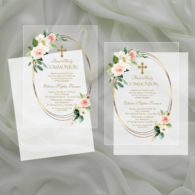Invitaciones Acrílicas Elegante Rubor Flores Oro Primera Santa Comunión (Subido por el creador)