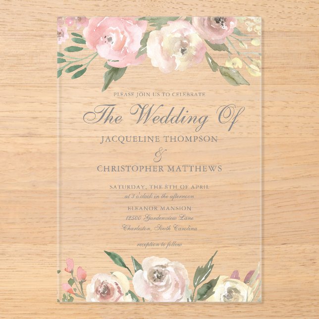 Invitaciones Acrílicas Elegante Rubor Pink Ivory Floral Spring Wedding (Anverso)
