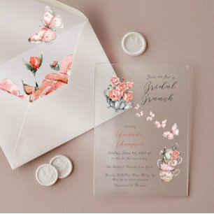 Invitaciones Acrílicas Elegante Rubor Tea Brunch Floral Bridal Ducha