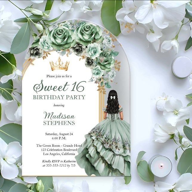 Invitaciones Acrílicas Elegante Sage Green Rosa Floral Sweet 16 Fiesta (Elegant Sage Green Rose Floral Princess-Theme Brunette Sweet 16 Birthday Acrylic Invitation )