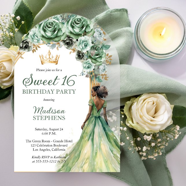 Invitaciones Acrílicas Elegante Sage Green Rosa Floral Sweet 16 Fiesta (Elegant Sage Green Rose Floral Sweet 16 Party Acrylic Invitation)