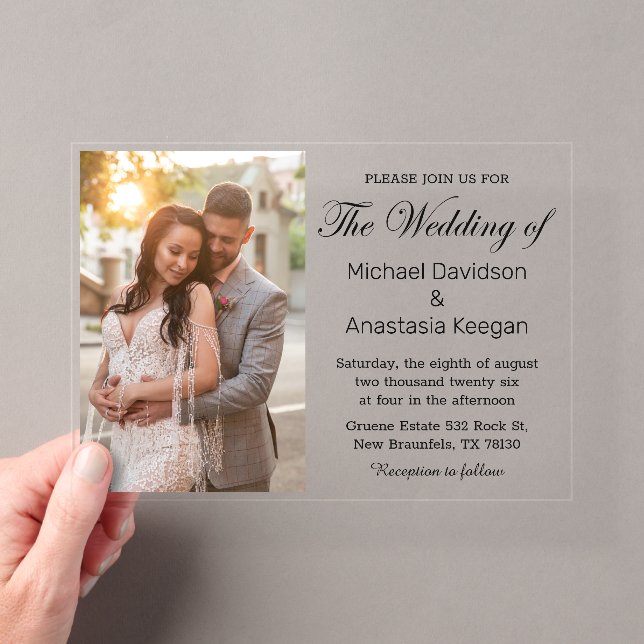 Invitaciones Acrílicas Elegante Script Foto Boda Claro  (Insitu (portátil))