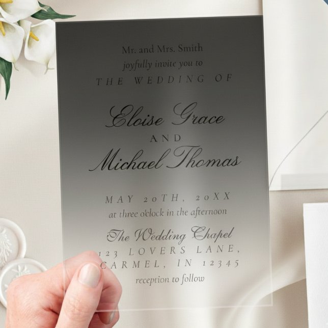 Invitaciones Acrílicas Elegante Script Neutral Boda de gradiente negro (Invite guests to your big day with this Elegant Script Gradient Wedding Acrylic Invitation!)