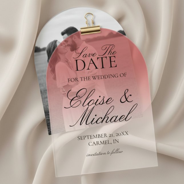 Invitaciones Acrílicas Elegante Script Rosa Boda De Gradiente Guardar La  (Invite guests to mark their calendars with this Elegant Script Gradient Wedding Acrylic Invitation!)