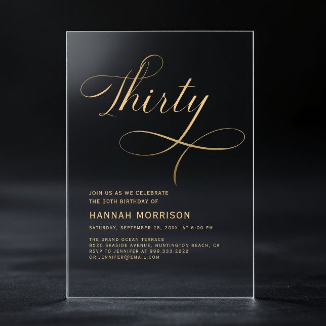 Invitaciones Acrílicas Elegante Script Thirty Negro Oro Cumpleaños 30 (Subido por el creador)