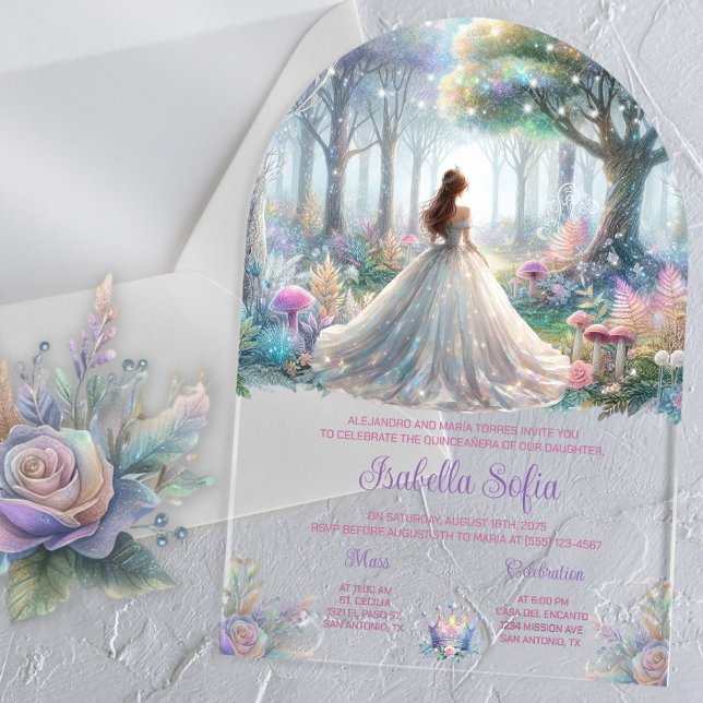 Invitaciones Acrílicas Elegante Selva de cuento de hadas Quinceañera (Elegant fairytale enchanted forest acrylic Quinceaneara invite. Simply add your details. Any event.)
