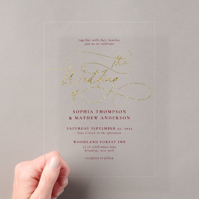 Invitaciones Acrílicas Elegante sofisticada boda de guión de Borgoña (Insitu (portátil))