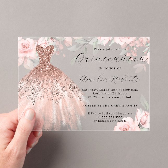Invitaciones Acrílicas Elegante Sparkle Vestido Rosa Oro Quinceanera (Insitu (portátil))