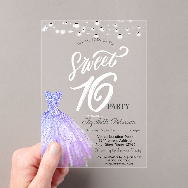 Invitaciones Acrílicas Elegante String Luces Violeta Vestido Dulce 16 (Insitu (portátil))