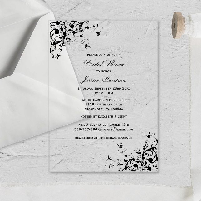 Invitaciones Acrílicas Elegante Swirls Black & White Bridal Shower (Subido por el creador)