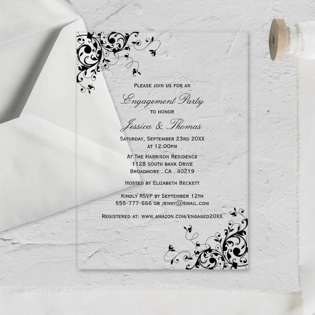 Invitaciones Acrílicas Elegante Swirls Black & White Engagement Party (Subido por el creador)