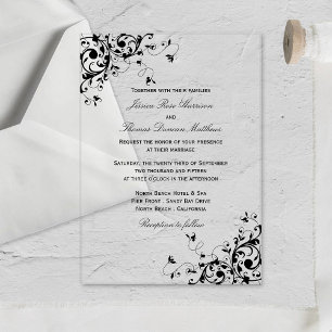 Invitaciones Acrílicas Elegante Swirls Boda Blanco y Negro