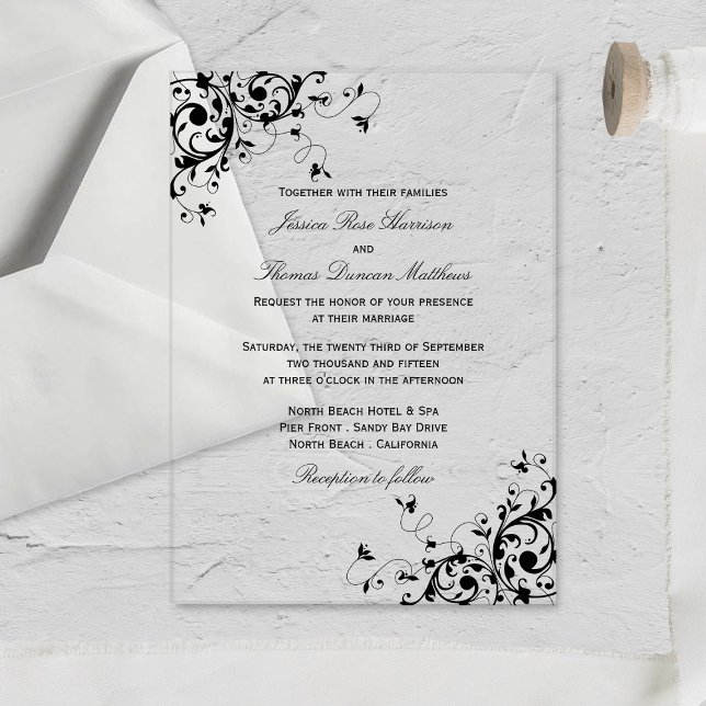 Invitaciones Acrílicas Elegante Swirls Boda Blanco y Negro (Subido por el creador)