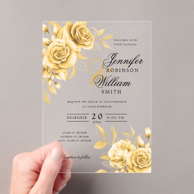 Invitaciones Acrílicas Elegante tema floral de Rosas de oro de boda (Insitu (portátil))